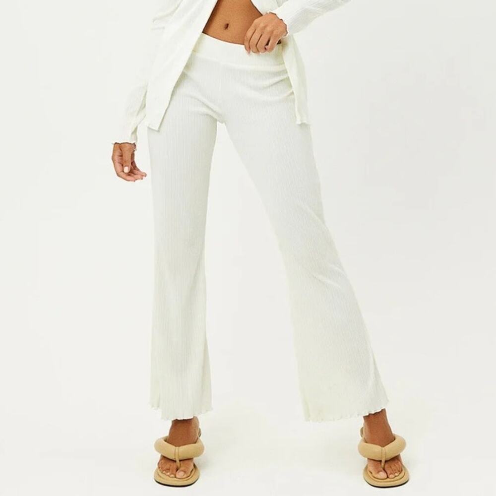 Frankies Bikinis Joey Plissé Pants High Rise Cannoli White Ribbed Size XS Beach